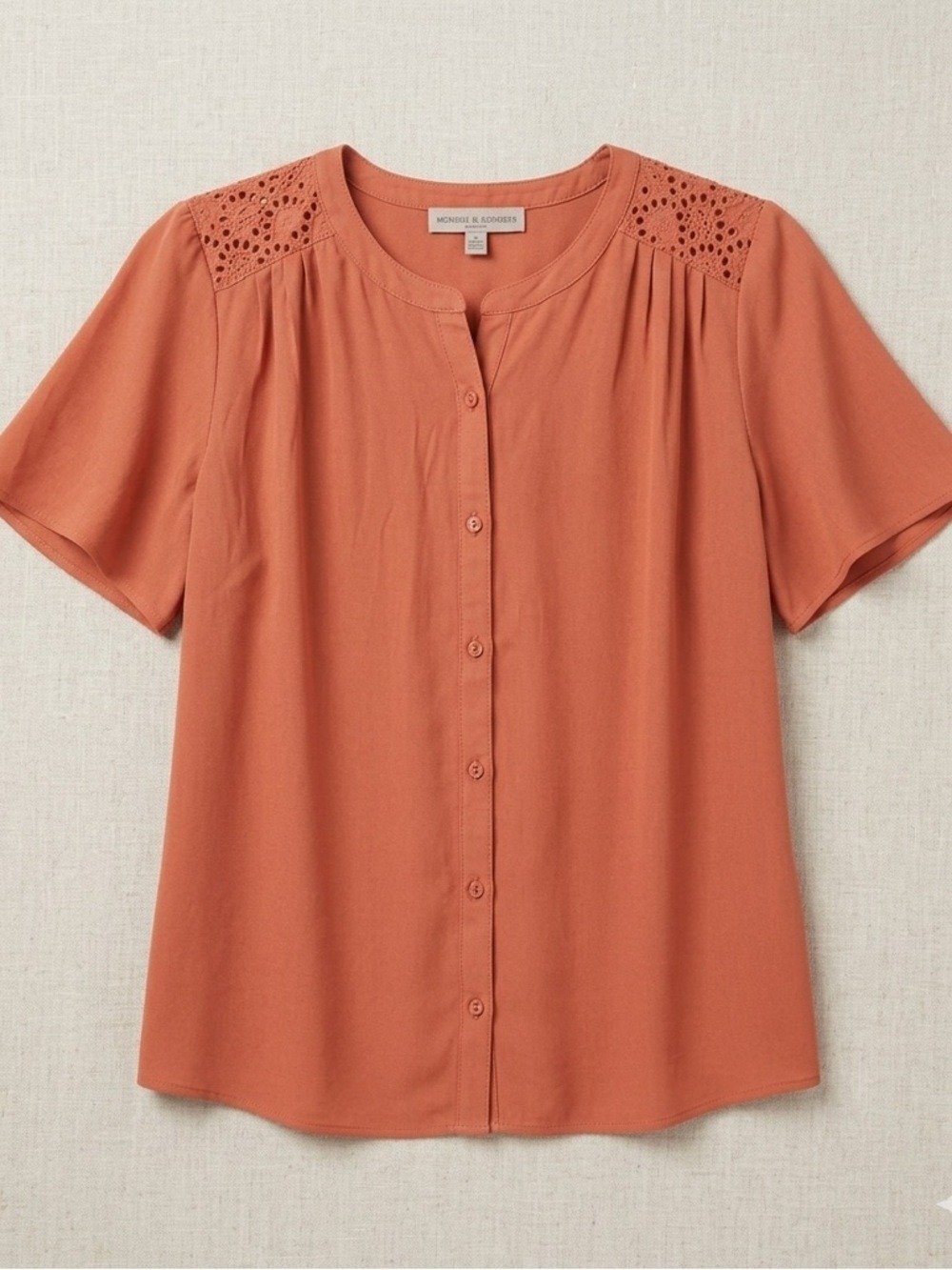 Daniel Rainn Eyelet Blouse Small Coral Button Front Puff Sleeve Feminine Top
